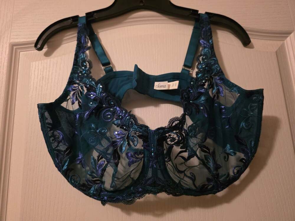 Soma Sensuous Lace Unlined Bra Size 42DD Teal Blue Embroidered Underwire